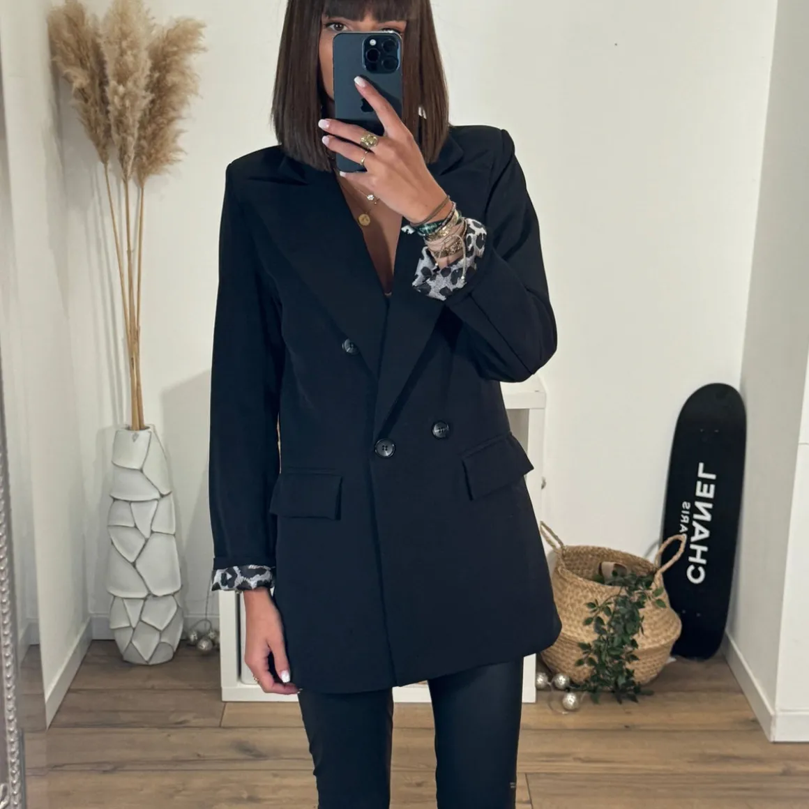 BLAZER NOIR MANCHES LEOPARD NOE