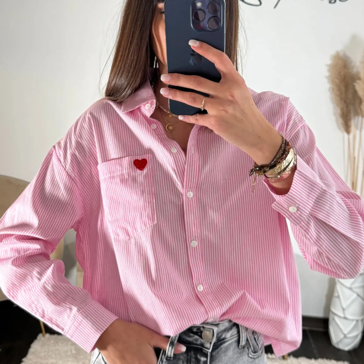 CHEMISE RAYEE ROSE COEUR