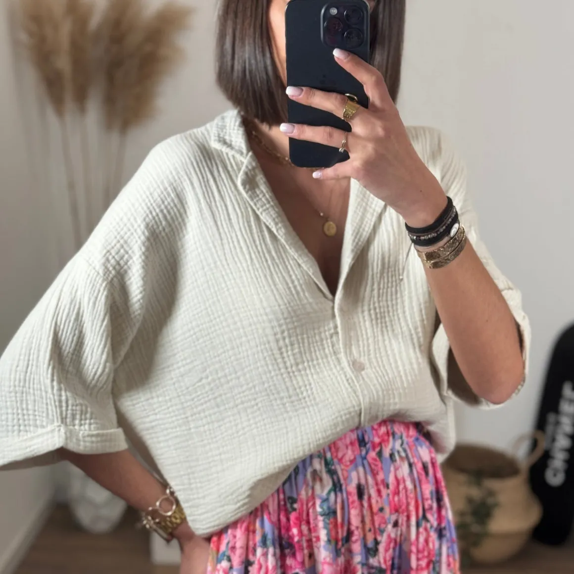 CHEMISIER GAZE DE COTON BEIGE DENA