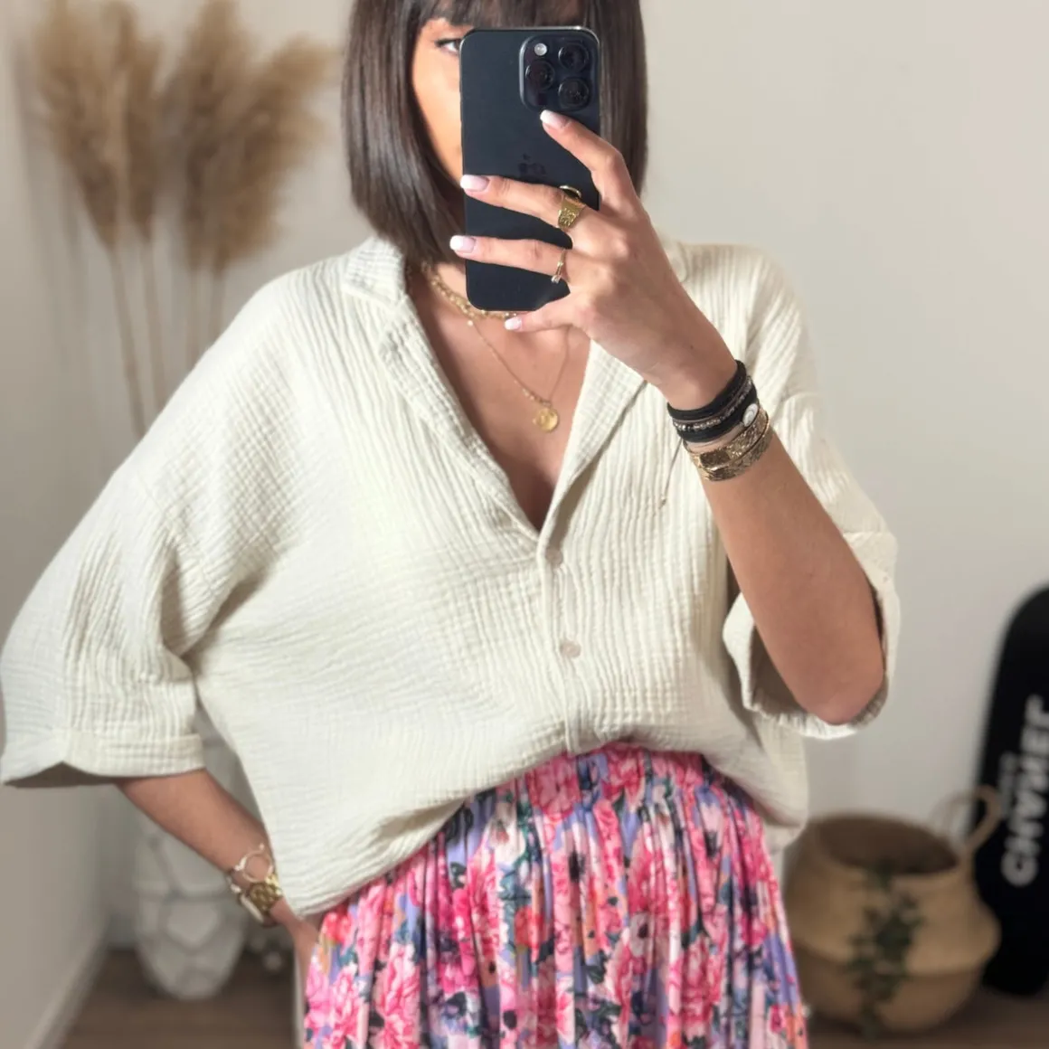 CHEMISIER GAZE DE COTON BEIGE DENA