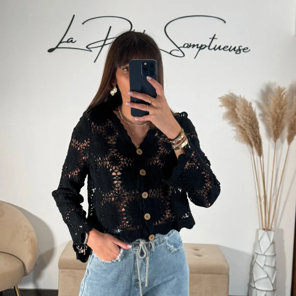 HAUT CROCHET NOIR FLOWERS FLAVY