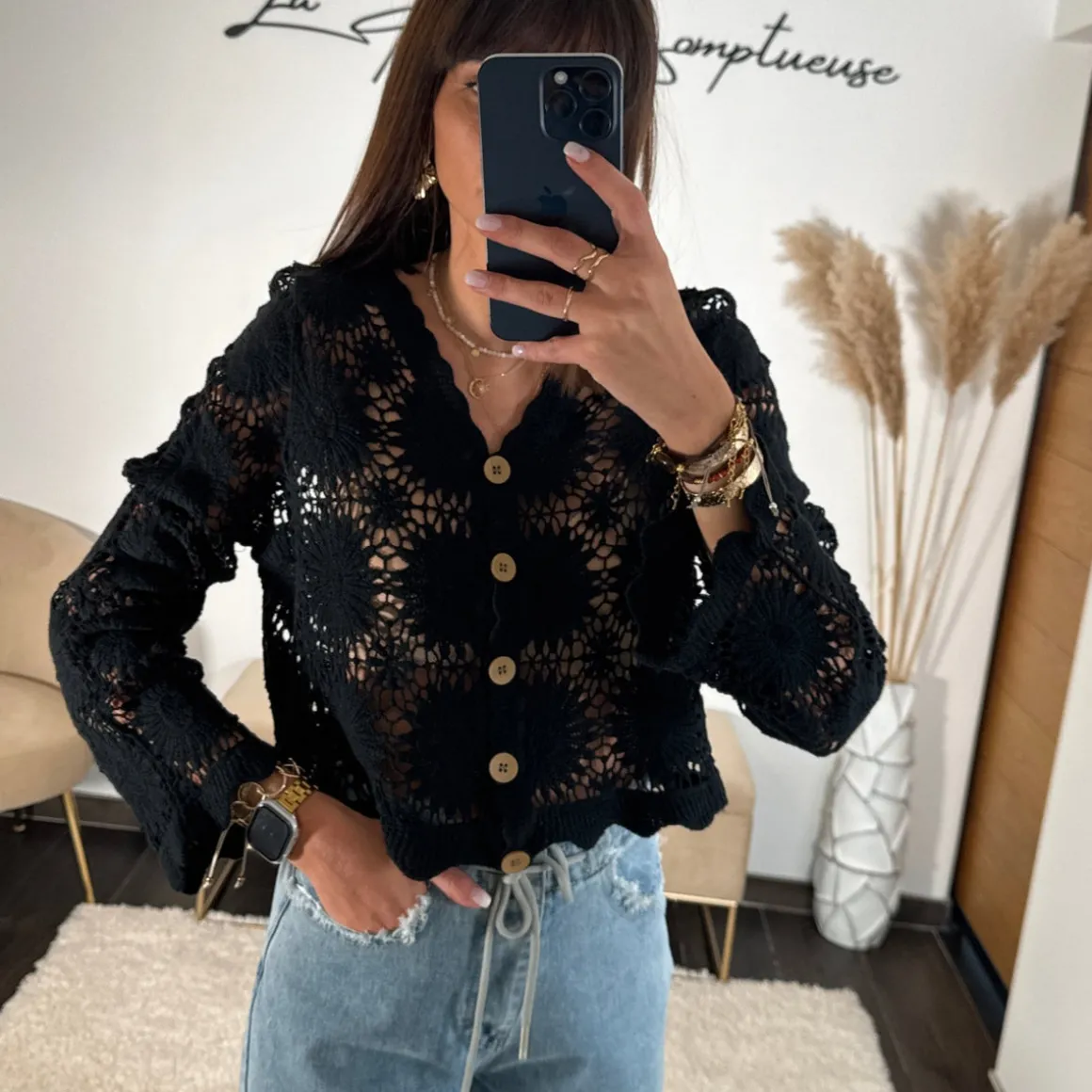 HAUT CROCHET NOIR FLOWERS FLAVY