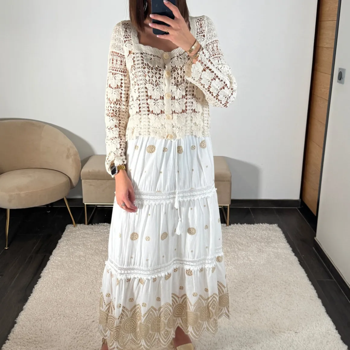 JUPE LONGUE BLANC/DORE DAHLIA