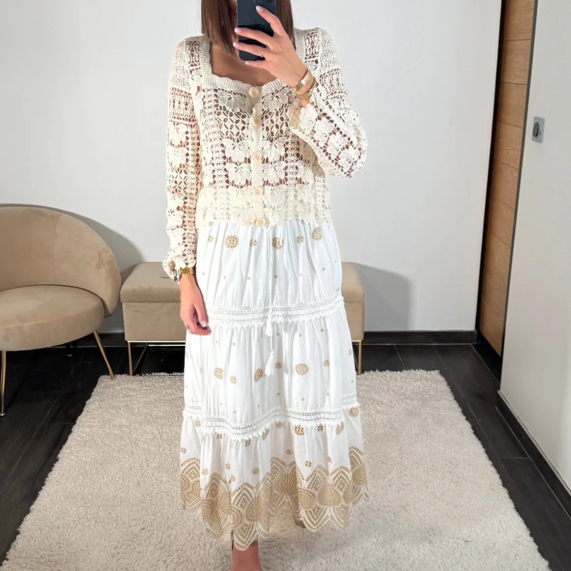 JUPE LONGUE BLANC/DORE DAHLIA