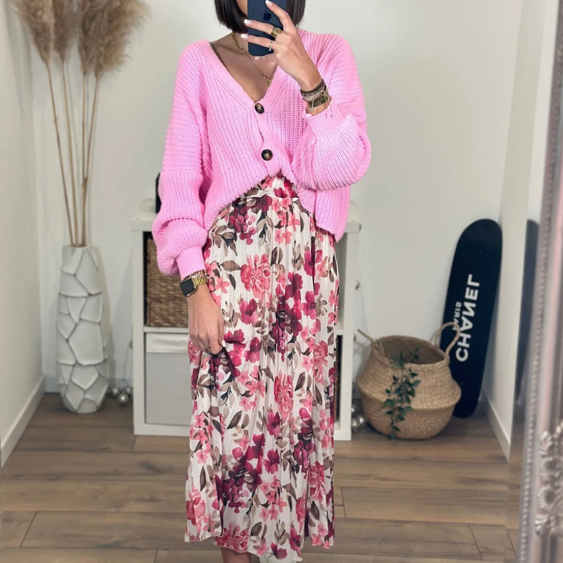 JUPE LONGUE FLEURIE BLANCHE ET ROSE CHARLIZE