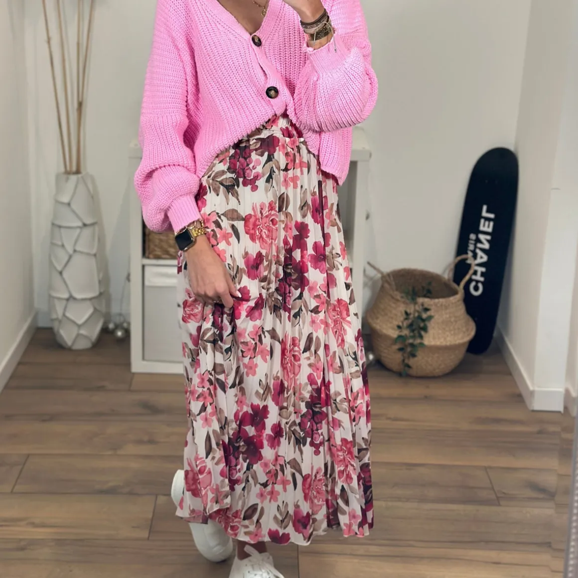 JUPE LONGUE FLEURIE BLANCHE ET ROSE CHARLIZE