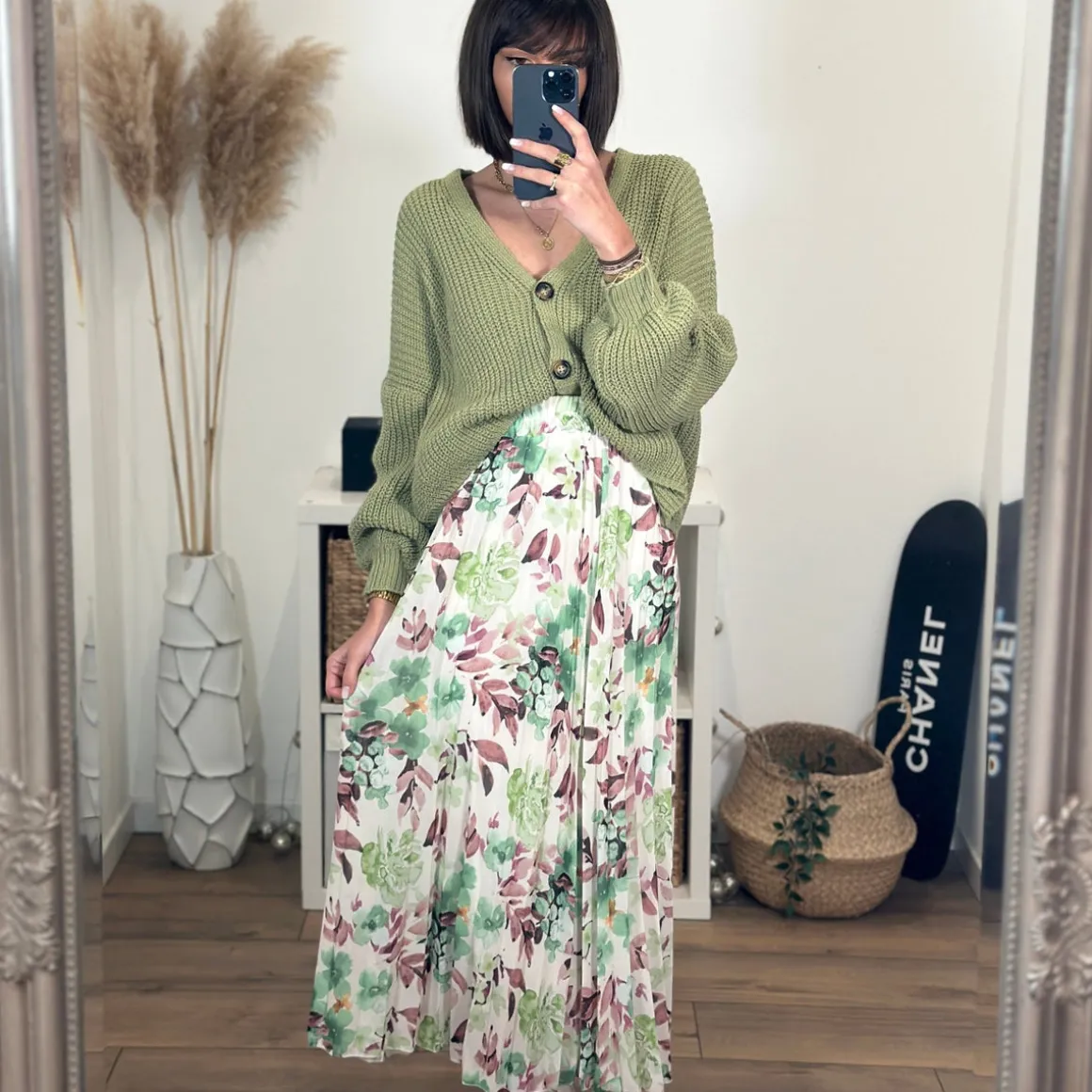 JUPE LONGUE FLEURIE VERTE CHARLIZE