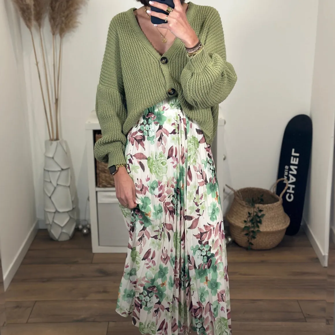 JUPE LONGUE FLEURIE VERTE CHARLIZE