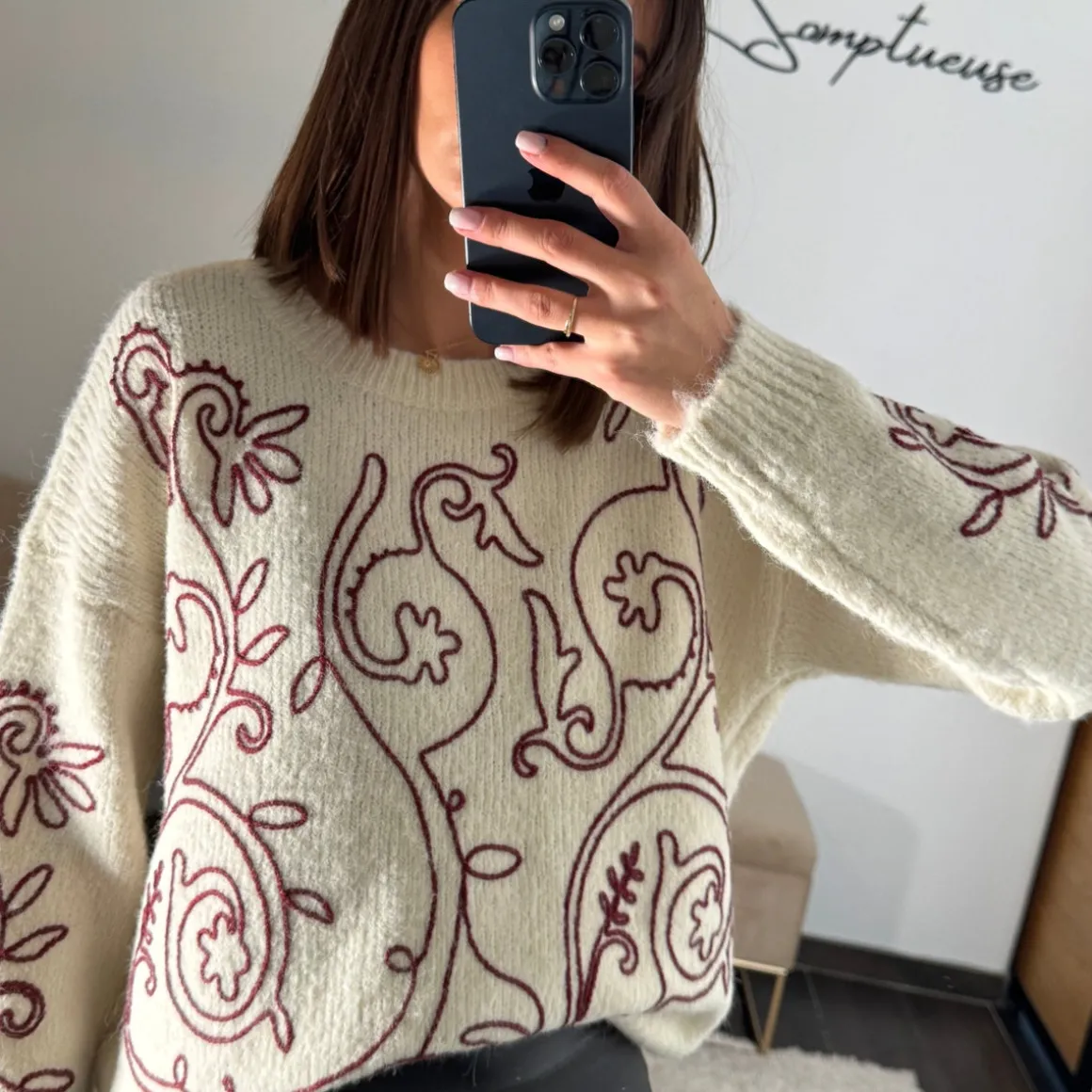 PULL BEIGE ET BORDEAUX MONA