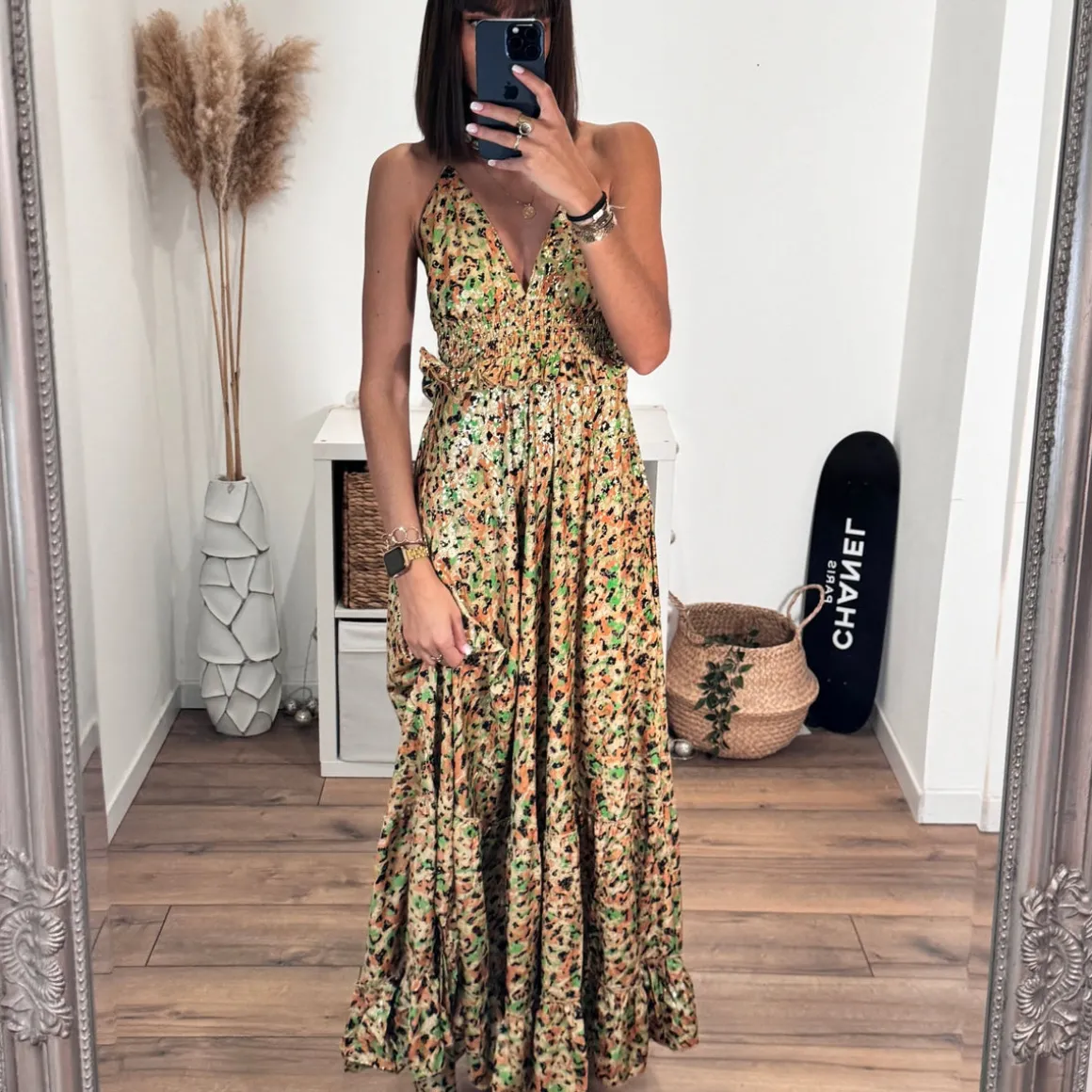 ROBE DOS NU IMPRIME VERT ET GOLD