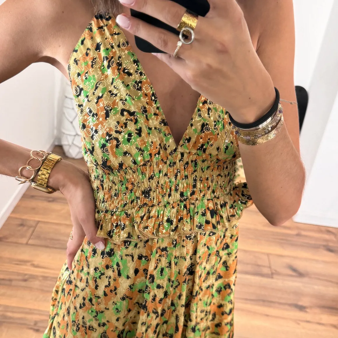 ROBE DOS NU IMPRIME VERT ET GOLD