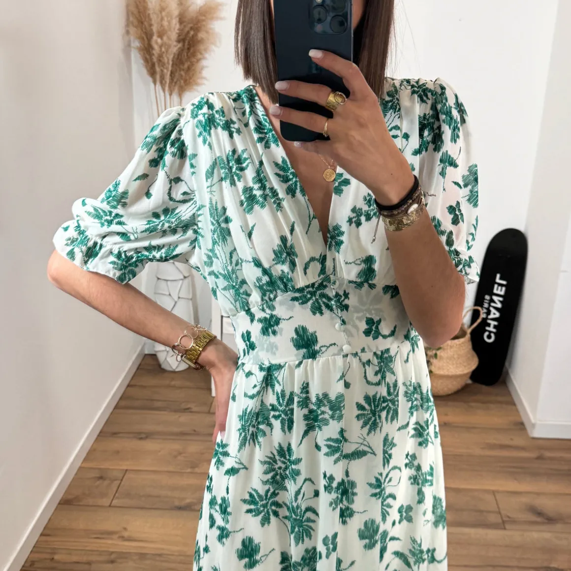 ROBE FLEURIE BLANCHE ET VERTE ELOISE