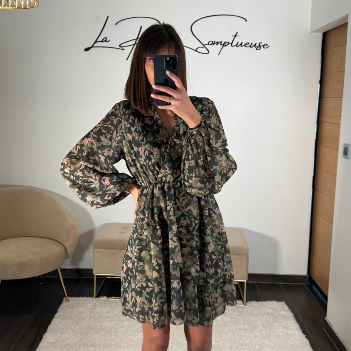 ROBE FLEURIE KAKI CAPUCINE