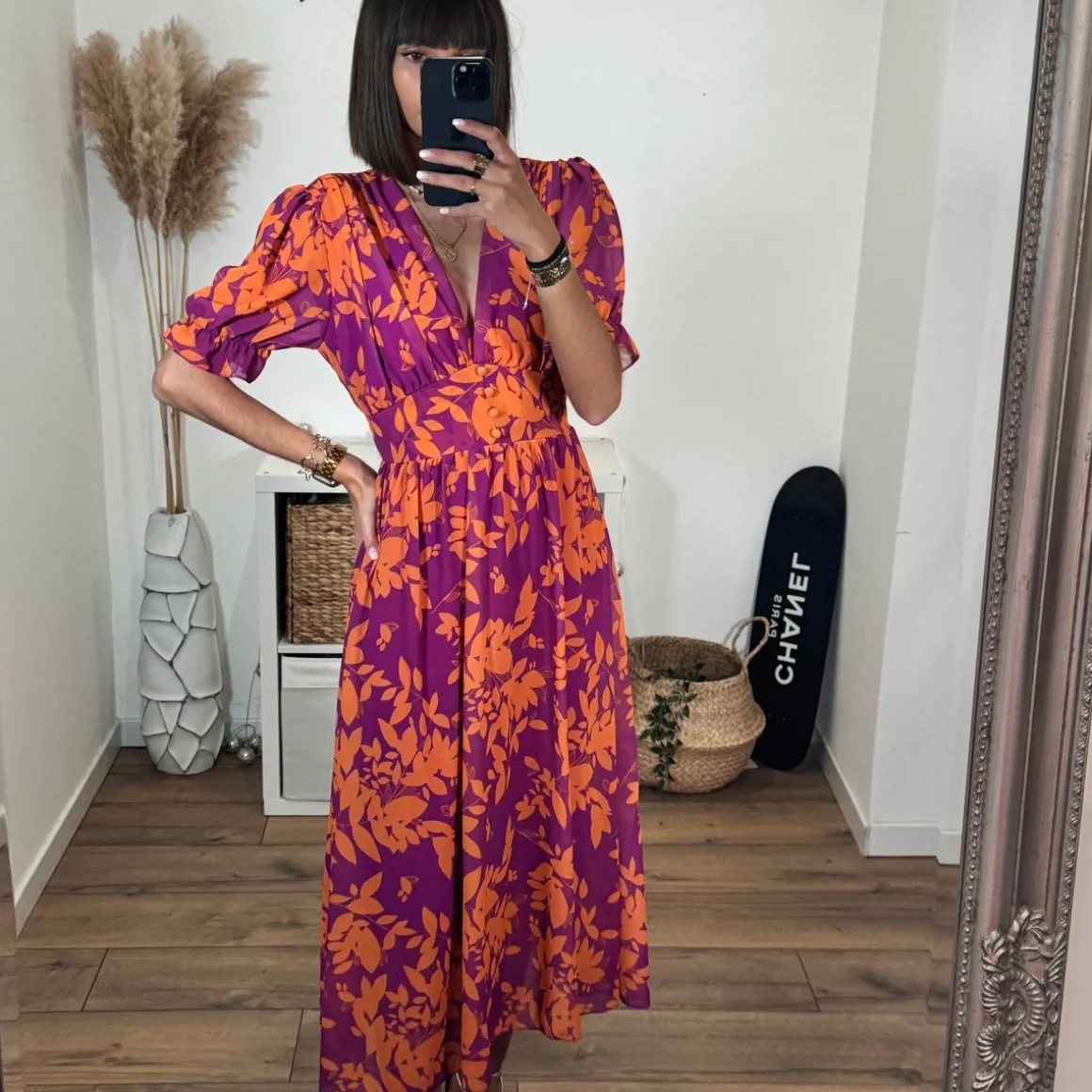 ROBE FLEURIE ORANGE ET MAUVE ELOISE