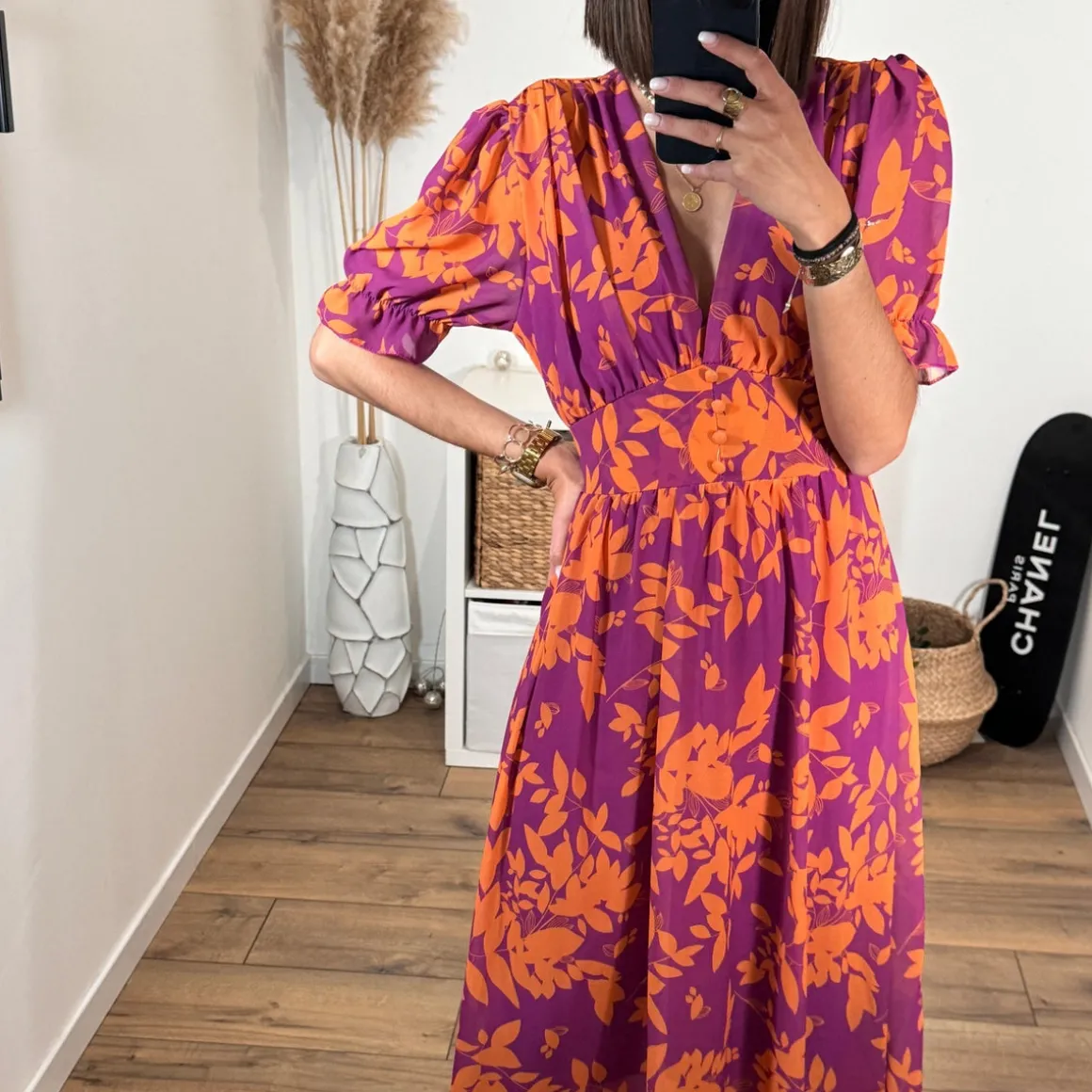 ROBE FLEURIE ORANGE ET MAUVE ELOISE