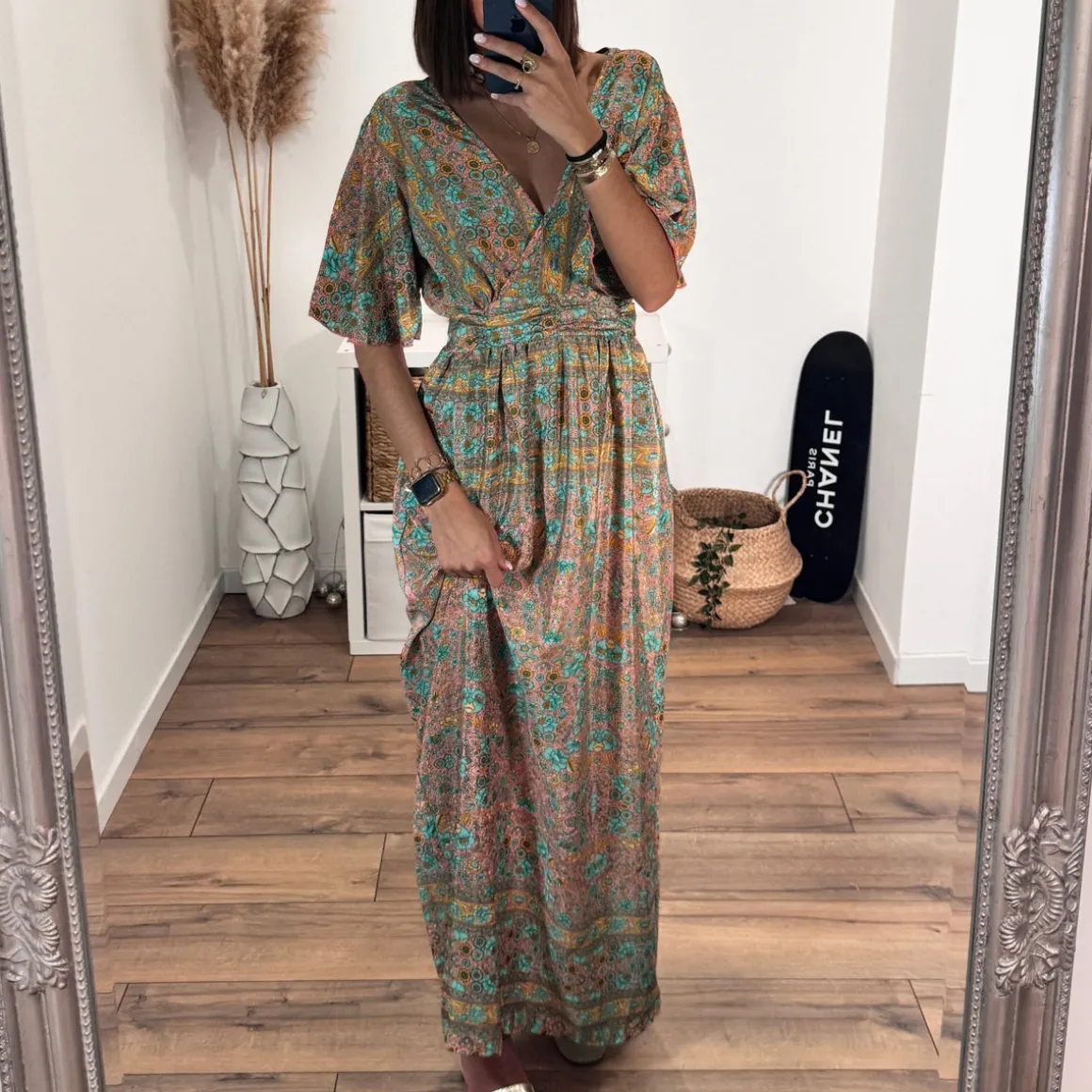 ROBE LONGUE FLEURIE TURQUOISE ET JAUNE