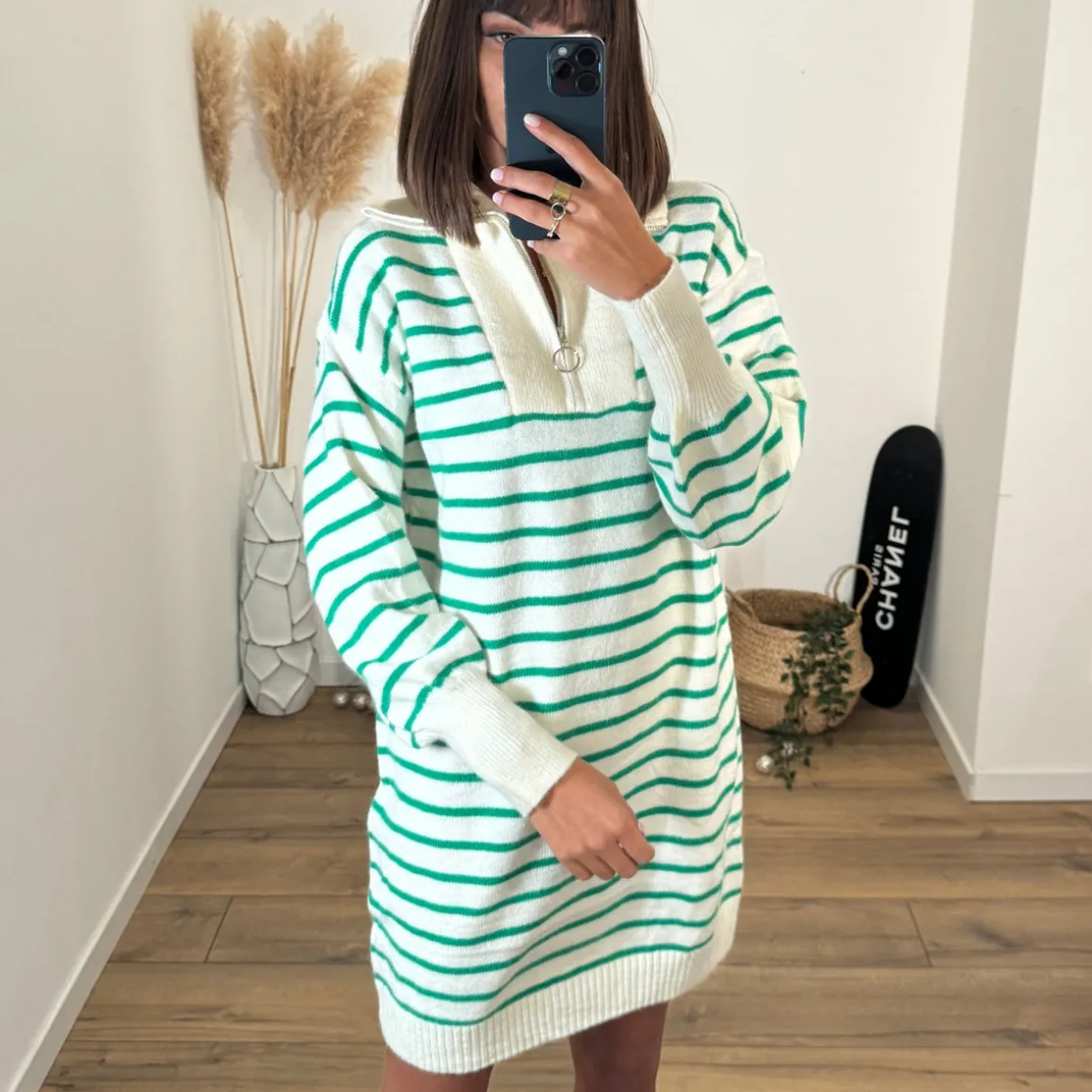 ROBE PULL BEIGE ET VERT RITA