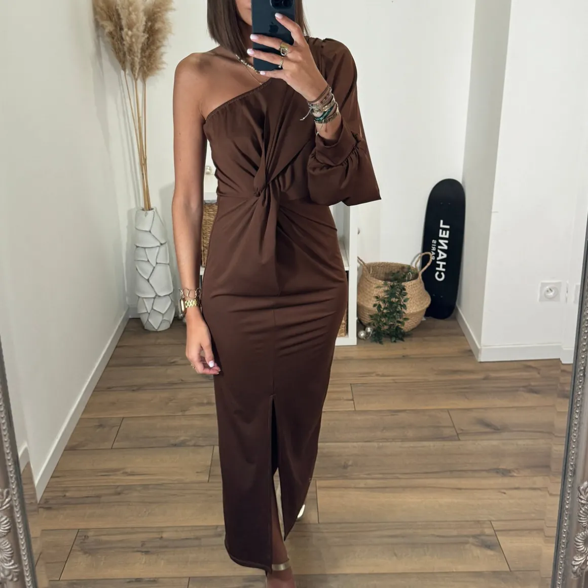ROBE SATIN ASYMETRIQUE CAMEL ALIX