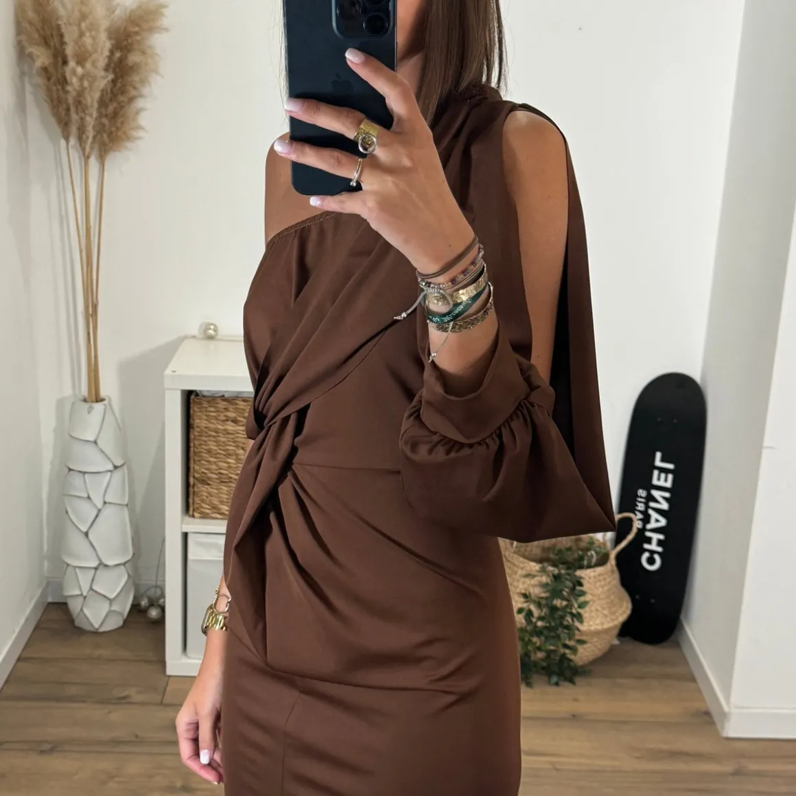 ROBE SATIN ASYMETRIQUE CAMEL ALIX