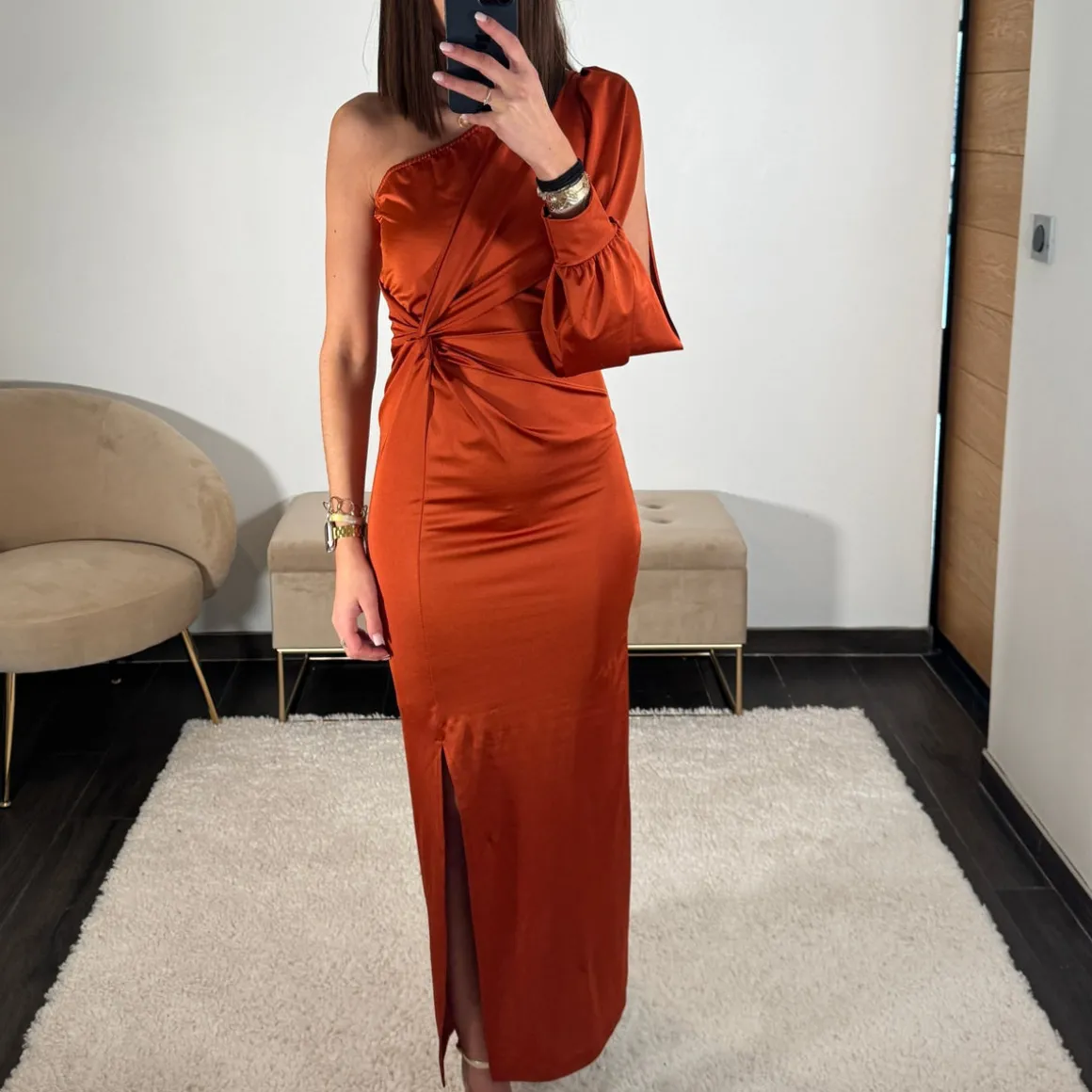 ROBE SATIN ASYMETRIQUE TERRACOTTA ALIX
