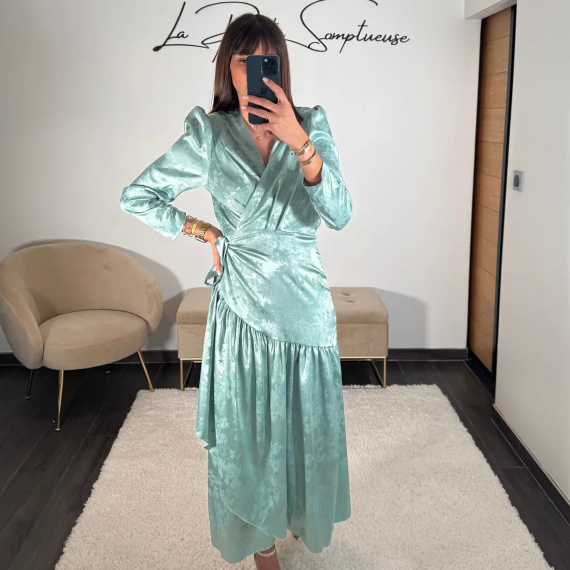 ROBE SATIN FLOWER VERT D'EAU ZANYA