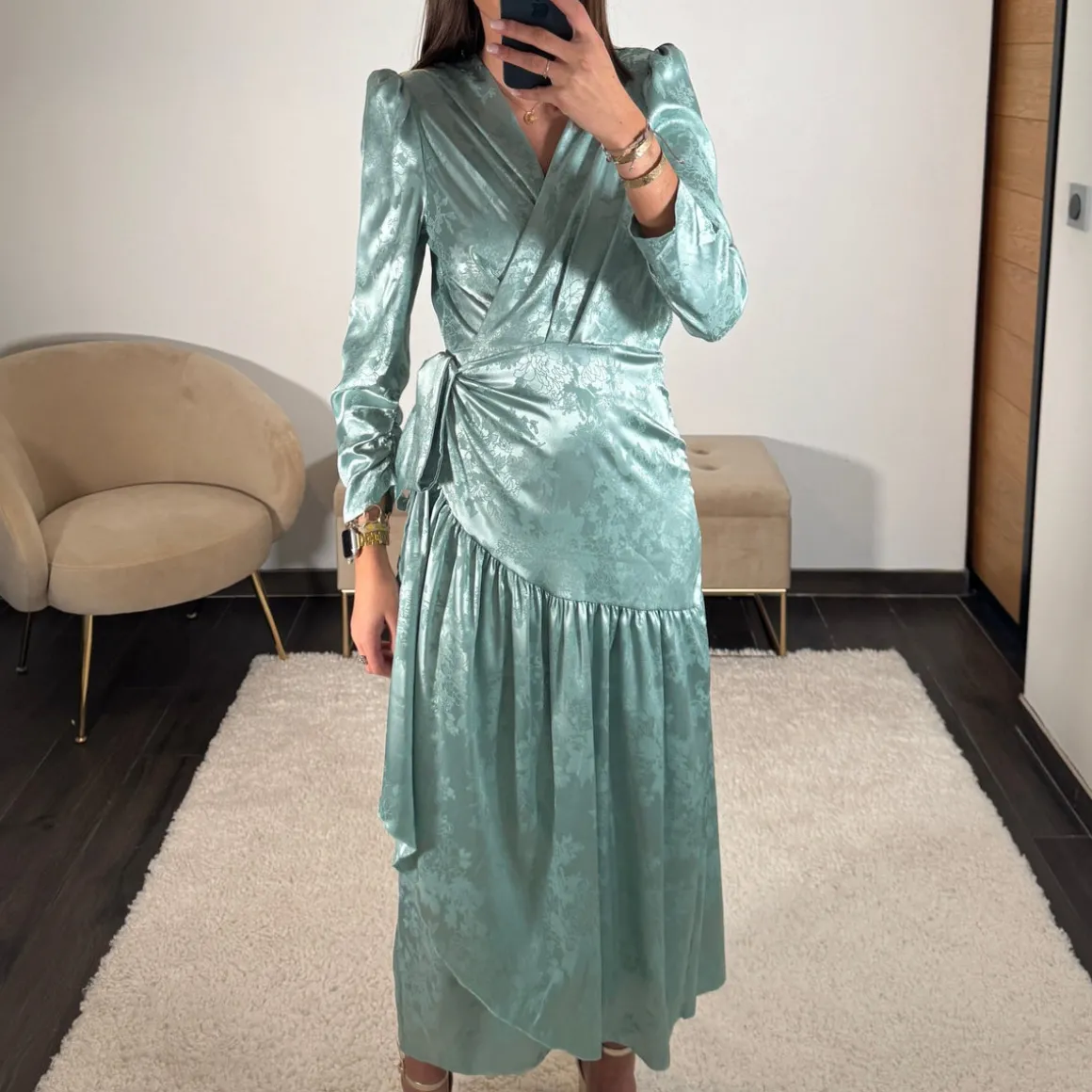 ROBE SATIN FLOWER VERT D'EAU ZANYA
