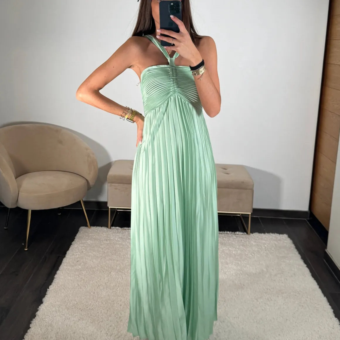 ROBE SATIN VERT SAUGE GLORIA