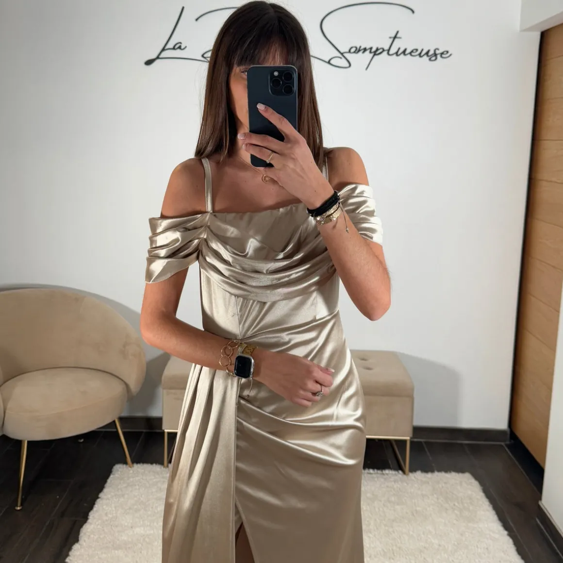 ROBE SATINÉE CHAMPAGNE/BEIGE MARIA