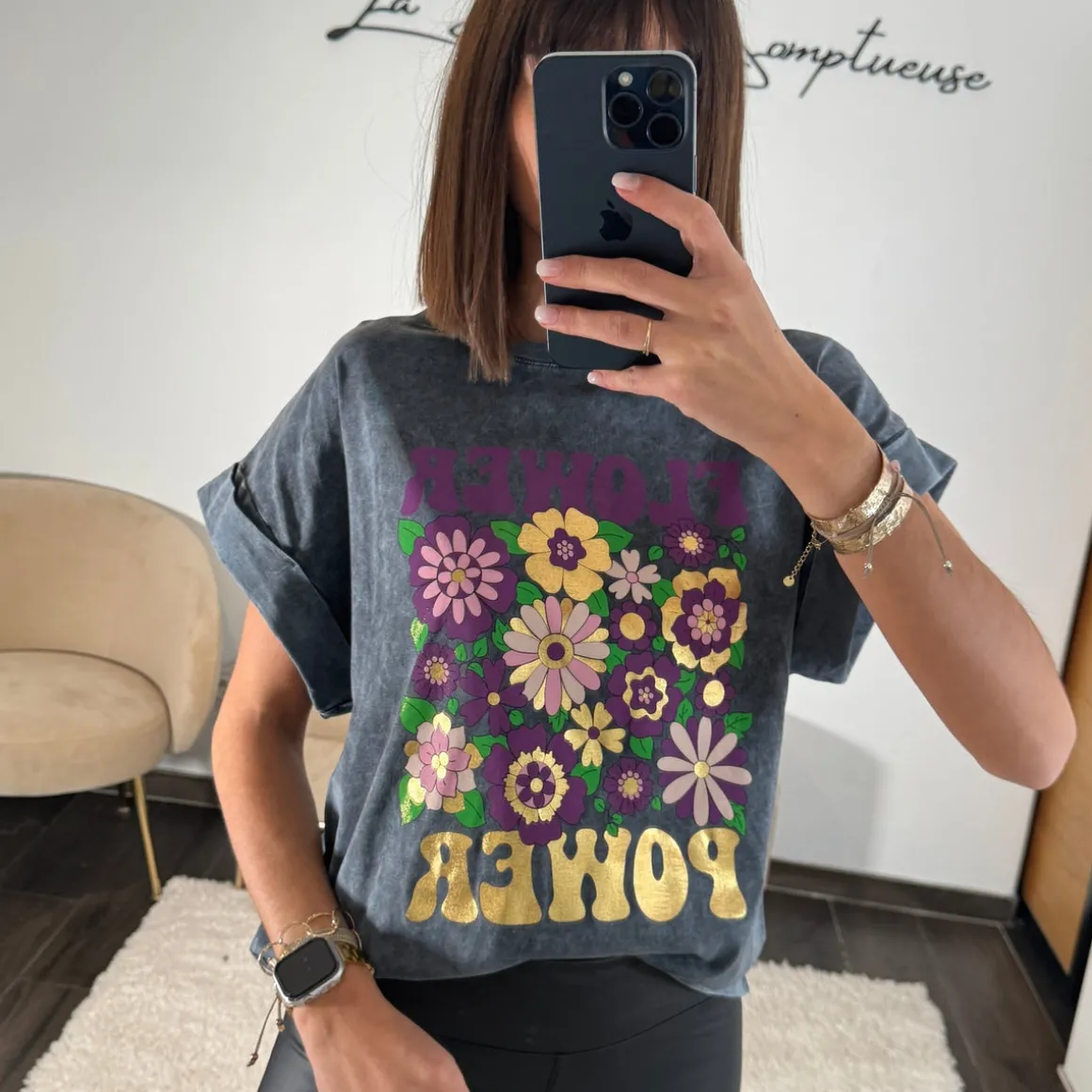T-SHIRT GRIS FLOWER POWER