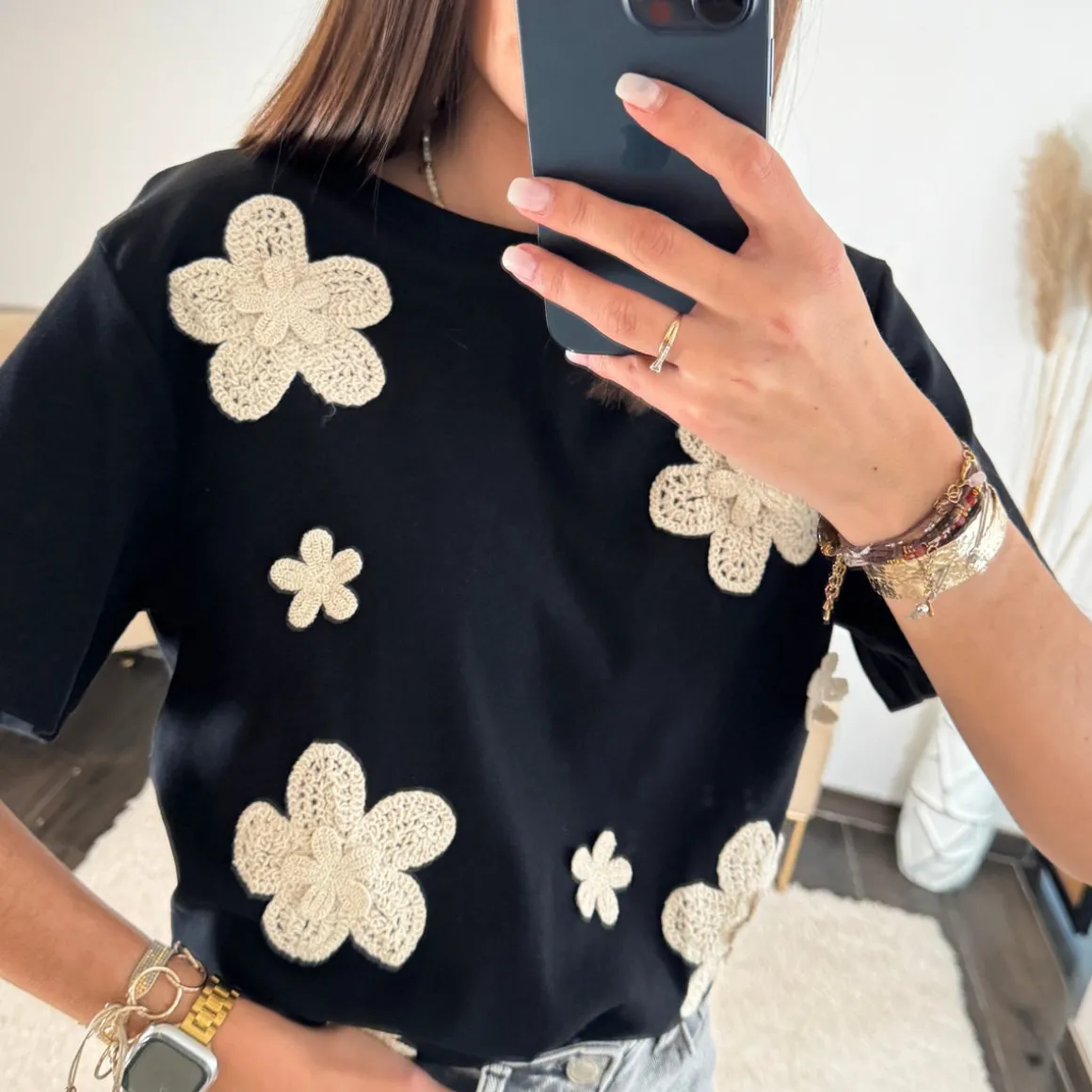 T-SHIRT NOIR FLEURS ALIA