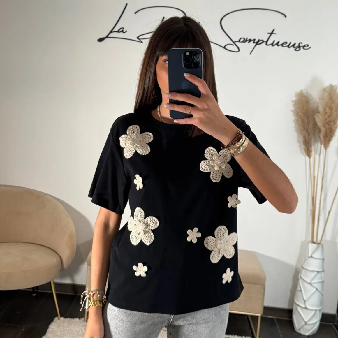 T-SHIRT NOIR FLEURS ALIA
