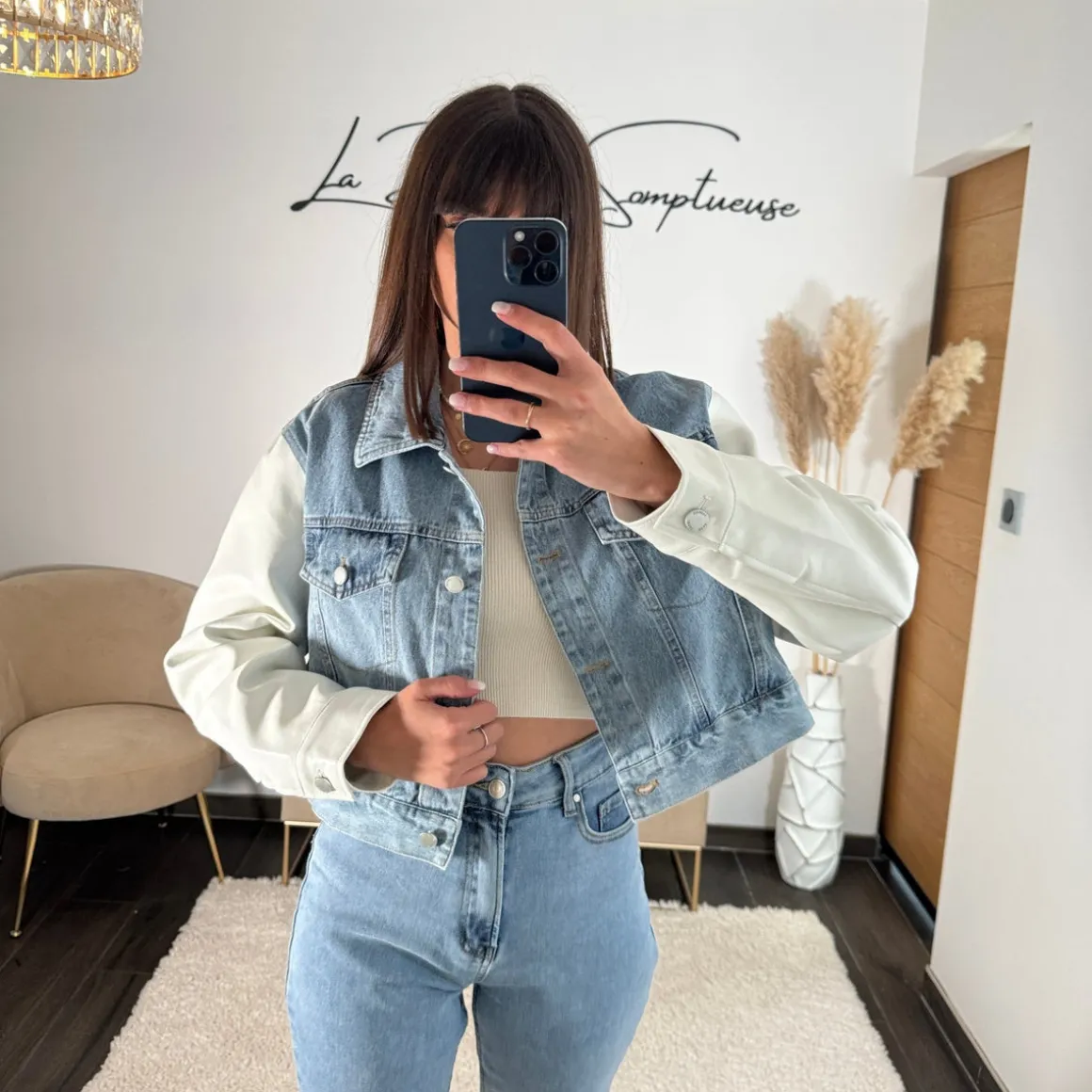 VESTE EN JEAN/ SIMILICUIR BLANCHE MONA